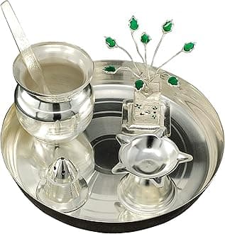 BENGALEN Silver Plated Pooja Thali Set 6 Inch Plate Agarbatti Stand Kalash Spoon Tulsi Idol Diya Premium Puja Decorative Items for Home Mandir Office Wedding Return Gift Items