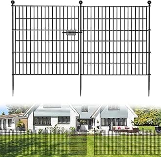 5 Panels No Dig Decorative Outdoor Garden Fence with Gate for Yard, 32 in(H) X 11.8 ft(L) Animal Barrier Fencing Rustproof Metal Wire Panel Border for Dog, Rabbits, and Patio Temporary Ground Stakes