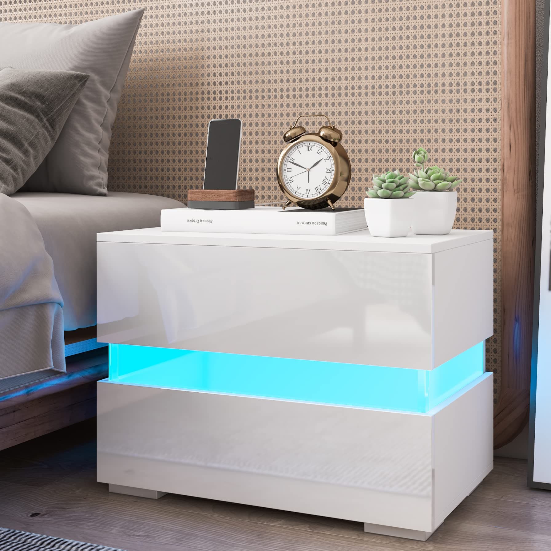 Nightstand Modern Low Profile White Nightstand with Drawers and LED Light 17.7" Tall Night Stand Bed Side Table for Bedroom, Platform Bed
