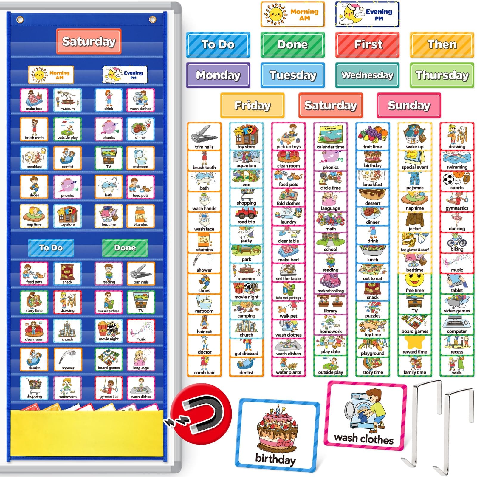 Torlam Visual Schedule for Kid Chore Chart Pocket Charts, Toddler Morning Bedtime Routine Chart Responsibility Daily Schedule Board, Autism Learning Materials PECS ASD ADHD Tools for Home, 105 Cards