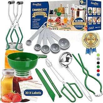 Canning Supplies Starter Kit,Canning Kit for Beginners of 9 with Jar Lifter，Wide Mouth Funnel,Wrench,Tongs,Lid Lifter,Bubble Popper,Canning Labels,ladle,Measuring Spoon-Deep Green