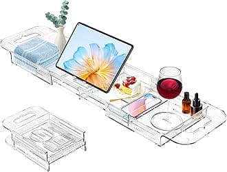 Expandable Drain Bath Caddy Tray for Tub, YOCOMEY Multifunctional Acrylic Bathtub Tray Bathroom Organizer, Simple Bathtub Table Trays Storage Rack for Candle Towel Book Wine Phone Shower(Clear)