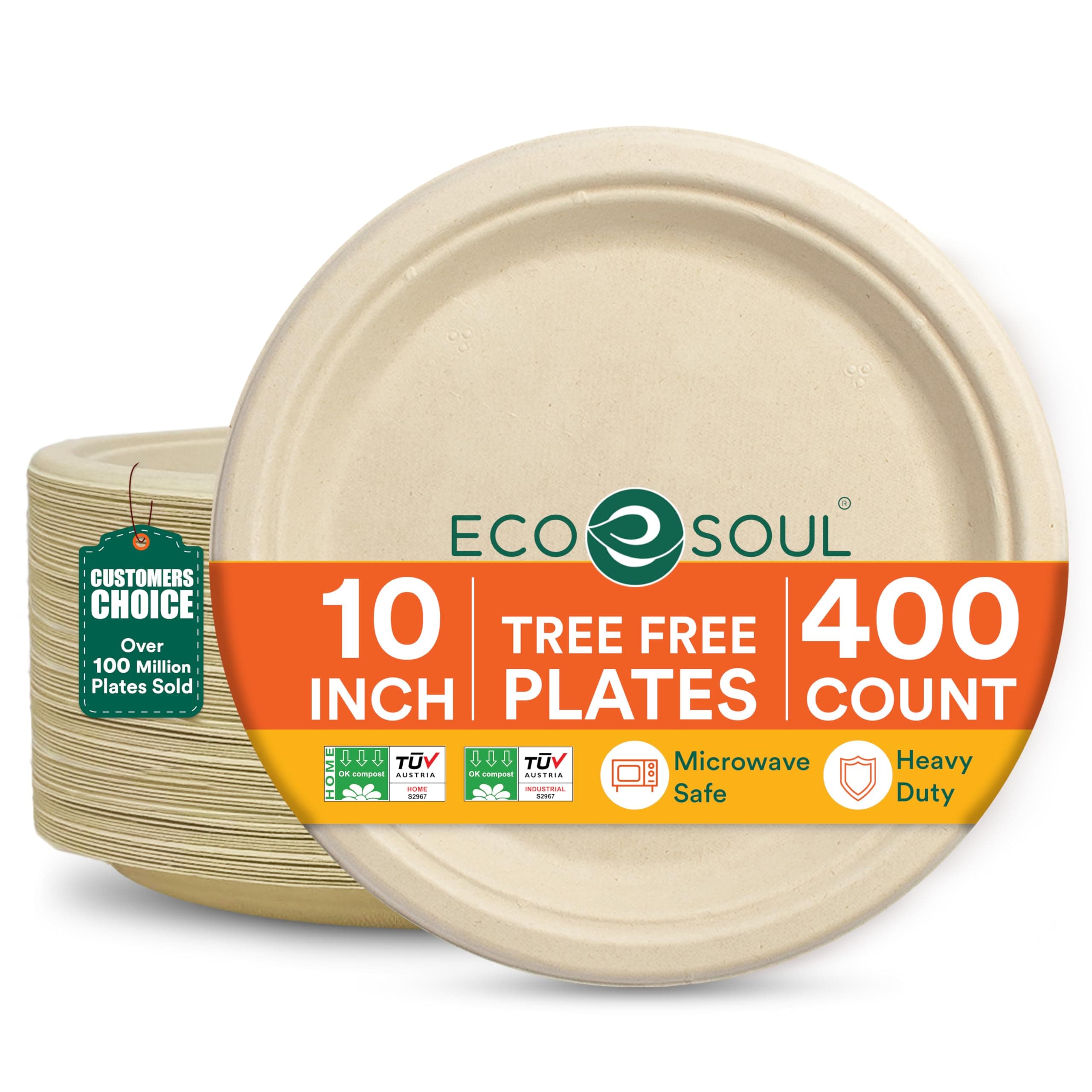 ECO SOUL 100% Compostable Paper Plates 10 Inch [400-Pack] Biodegradable Heavy Duty Eco-Friendly Disposable Plates for Christmas Dinner, Parties, Wedding & Event