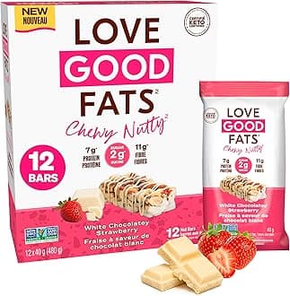 Love Good Fats Chewy Nutty White Chocolatey Strawberry Keto Bars - Low Carb Protein Snacks - 12 pack (1.59oz / 45g each bar)