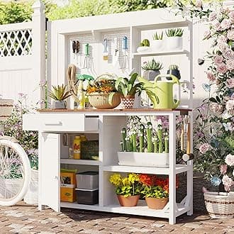 GDFStudio Belfast 50.20" W Fir Wood Potting Table, Outdoor Potting Bench Table, Garden Workstation for Planting, 4 Shelves Adjustable Storage, Ample Space Garden Tools Organizer for Backyard, White