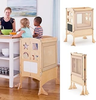 Guidecraft Classic Kitchen Helper® Stool with 2 Keepers - Double Wide: Adjustable Height Step Stool for Kids, Children Furniture