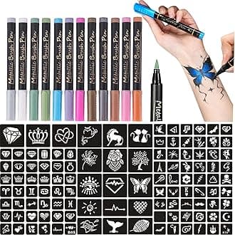 Temporary Tattoo Markers for Skin - Dual-End Tattoo Pens for Body & Face Art with 111 Tattoo Stencil Papers, 12 Pens Make Bold and Fine Lines, Cosmetic Quality(BETY-6)