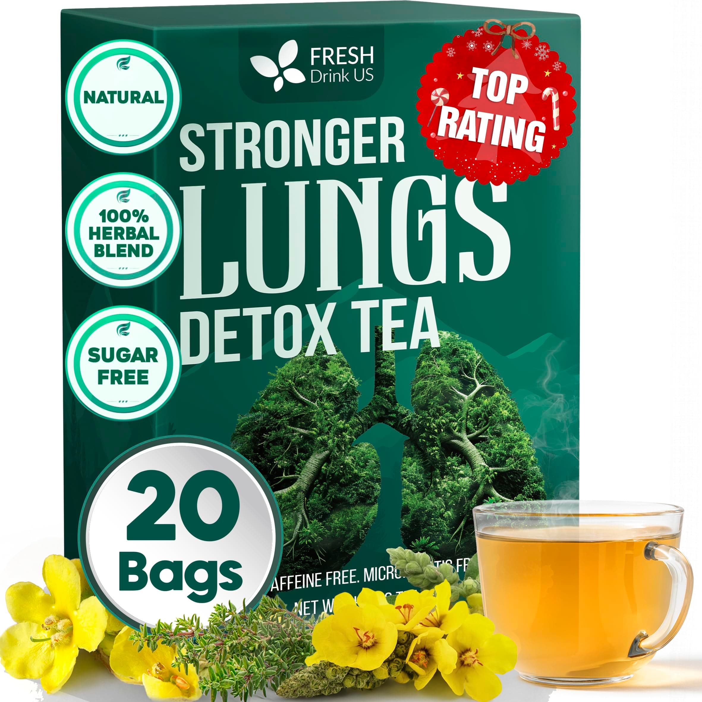 FreshDrinkUS StrongerLungs 20 Tea Bags - Mullein Leaf, Ginseng, Elderberry, Ginger & Thyme - Supports Lung Cleanse, Congestion Relief & Mucus Detox - Caffeine-Free & All-Natural