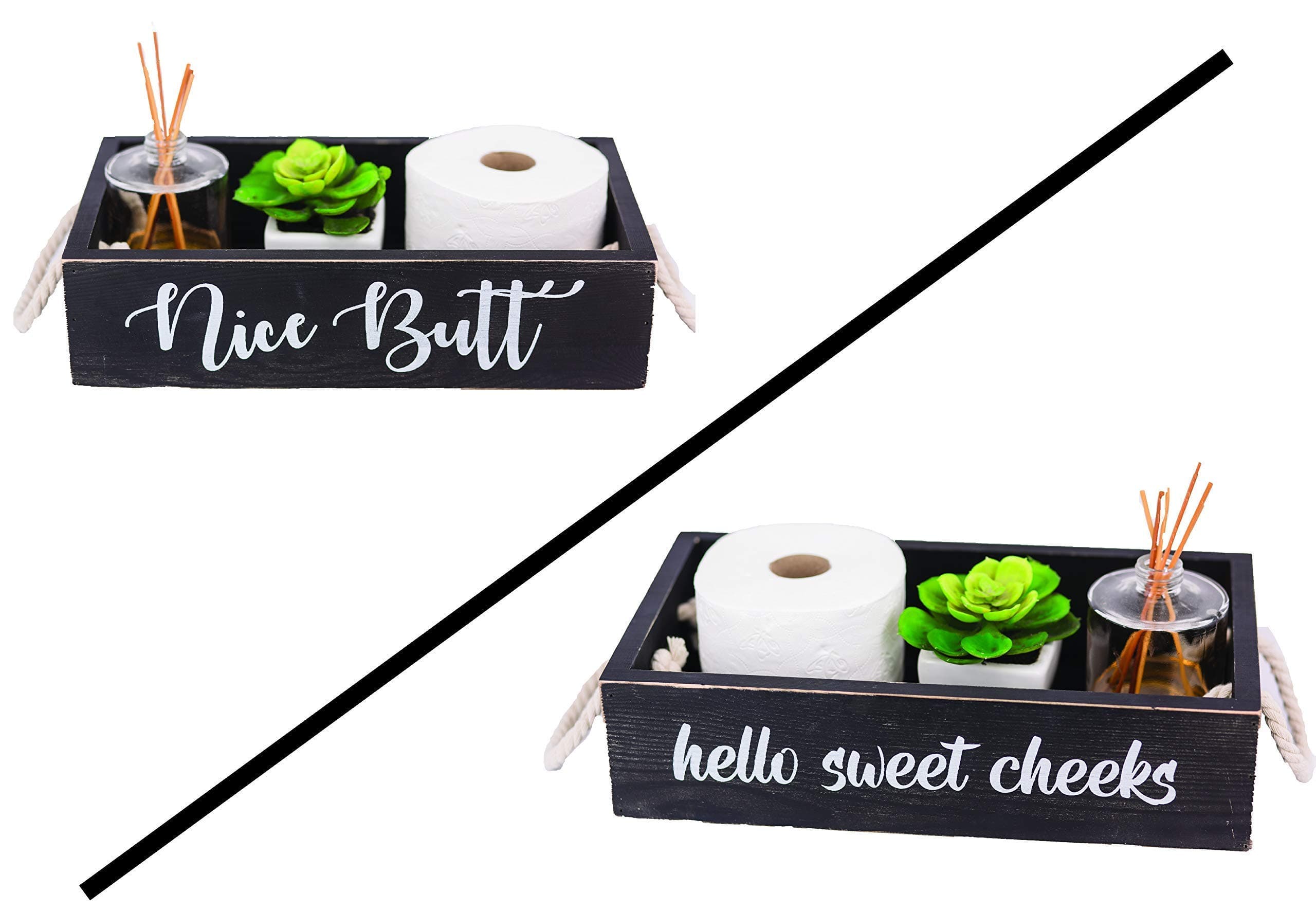 Nice Butt Bathroom Decor Box, Hello Sweet Cheeks Toilet Paper Holder - Rustic Farmhouse Handmade Wooden Decoration Tray for Portable Counter Storage, Baby Diaper Caddy, Tissues Organizer Gifts (Black)