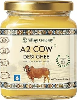Village Company A2 Cow Desi Ghee 250ML | Gir Ghee Vedic Bilona Method | Organic Pure Natural | Two Way Curd Churned - Best Farm Fresh Grass Fed Cattle Milk | India Lab Certified | Glass Jar 250 ML