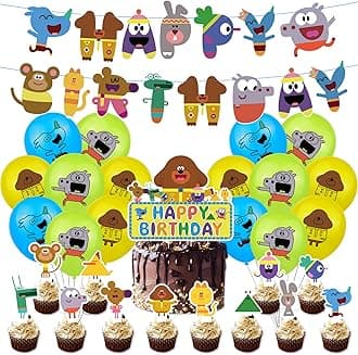32PCS Duggee Birthday Decorations, Cute Du-ggee Party Supplies for Boys and Girls Birthday Party, Kids B irthday Decorations Pack with Duggee Cake Topper Balloon Banner