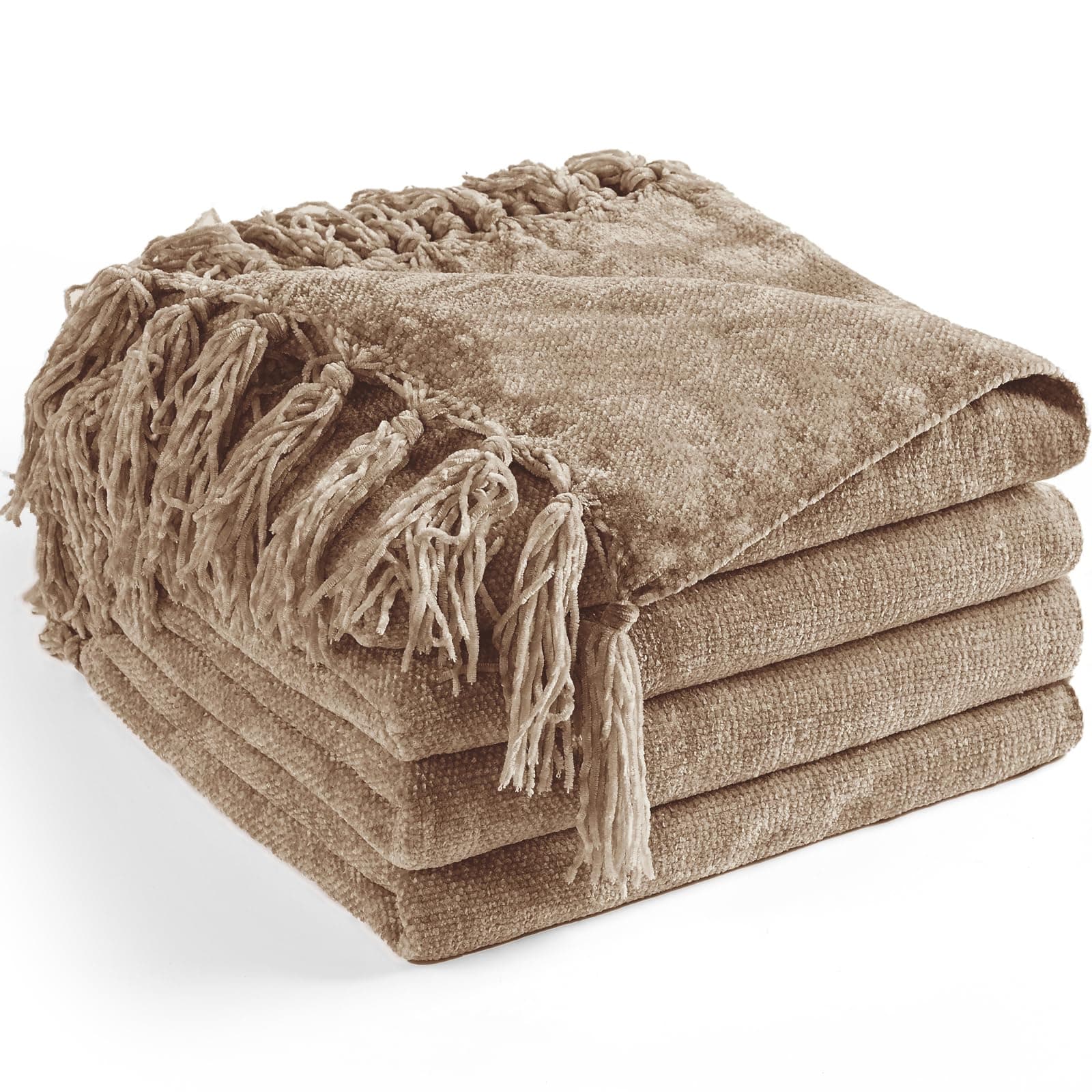Chenille Throw Blanket for Couch 60"X 80" Twin, Soft Cozy Throws with Fringe Tassel for Bed Sofa Chair Cover, Lightweight Knitted Decorative Boho Blankets for Living Room, Taupe