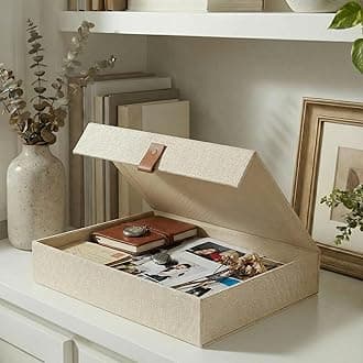 Decorative Photo Storage Box with Lid - A Beautiful Linen Organizer Perfect to Safely Store Your Pictures, Documents, Scrapbooking Supplies, Keepsakes and Other Memories in Style