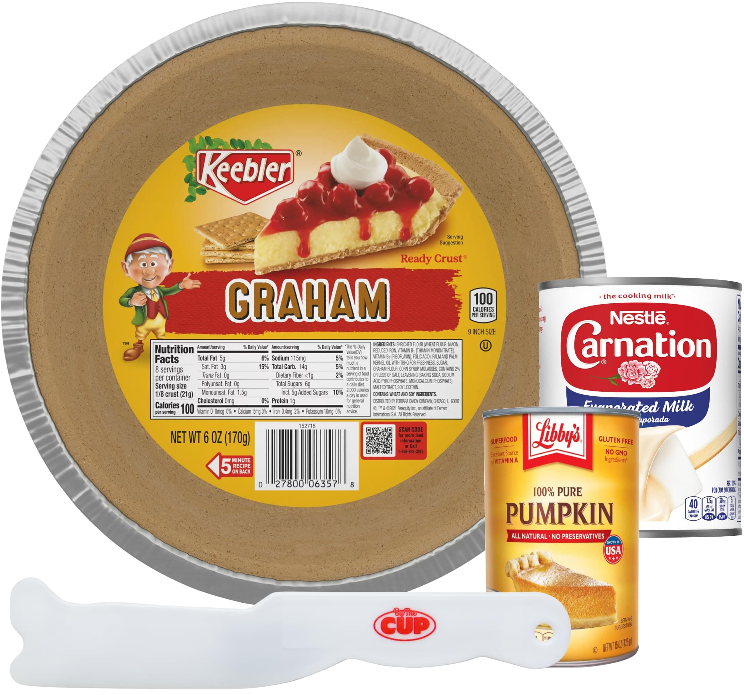 By The Cup Pumpkin Pie Kit Includes: 9 in. Keebler's Graham Cracker Crust, 12 oz. Carnation Evaporated Milk, 15 oz. Libby's Pure Pumpkin with By The Cup Pie Slicer