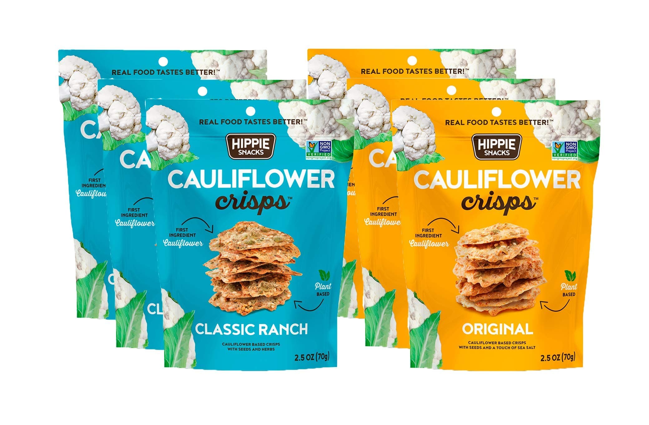Hippie Snacks Cauliflower Crisps Variety Pack, Plant-based, High Protein, Gluten Free Snack or Crackers for Charcuterie Boards, 3 Original, 3 Classic Ranch