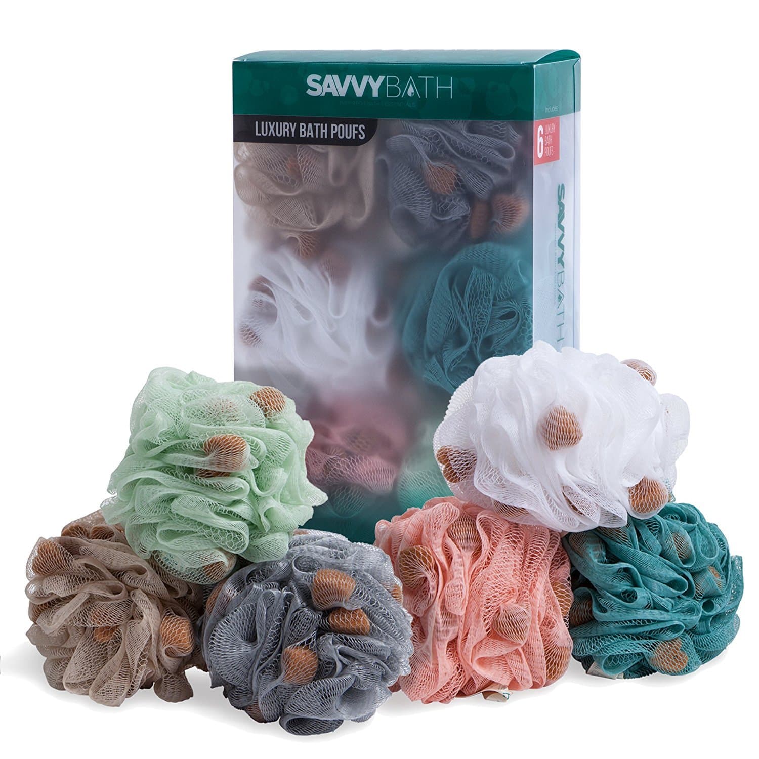 Premium Bath Poufs [6-Pack] - Large Exfoliating Mesh Puff Shower Loofahs w/Sponges for A More Luxurious Lather - The Best Body Wash Scrub Sponge with Handle - By Savvy Bath