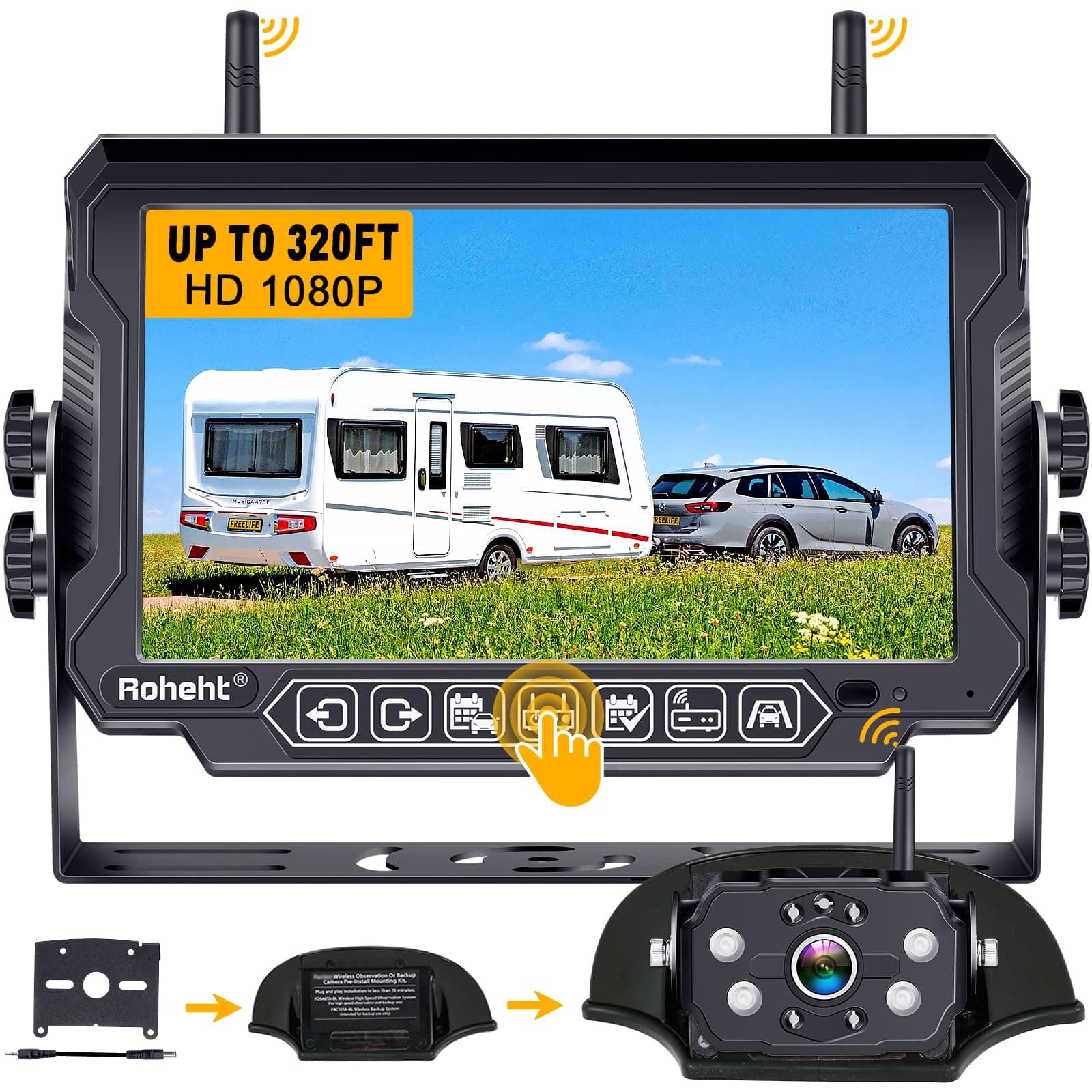 RV Backup Camera Wireless Strong Signal: HD 1080P 7'' Touch Key Recording Monitor Rear View System for Trailers/Trucks/5th Wheel 4 Channels Easy Setup Plug and Play for Furrion Pre-Wired Mount R9