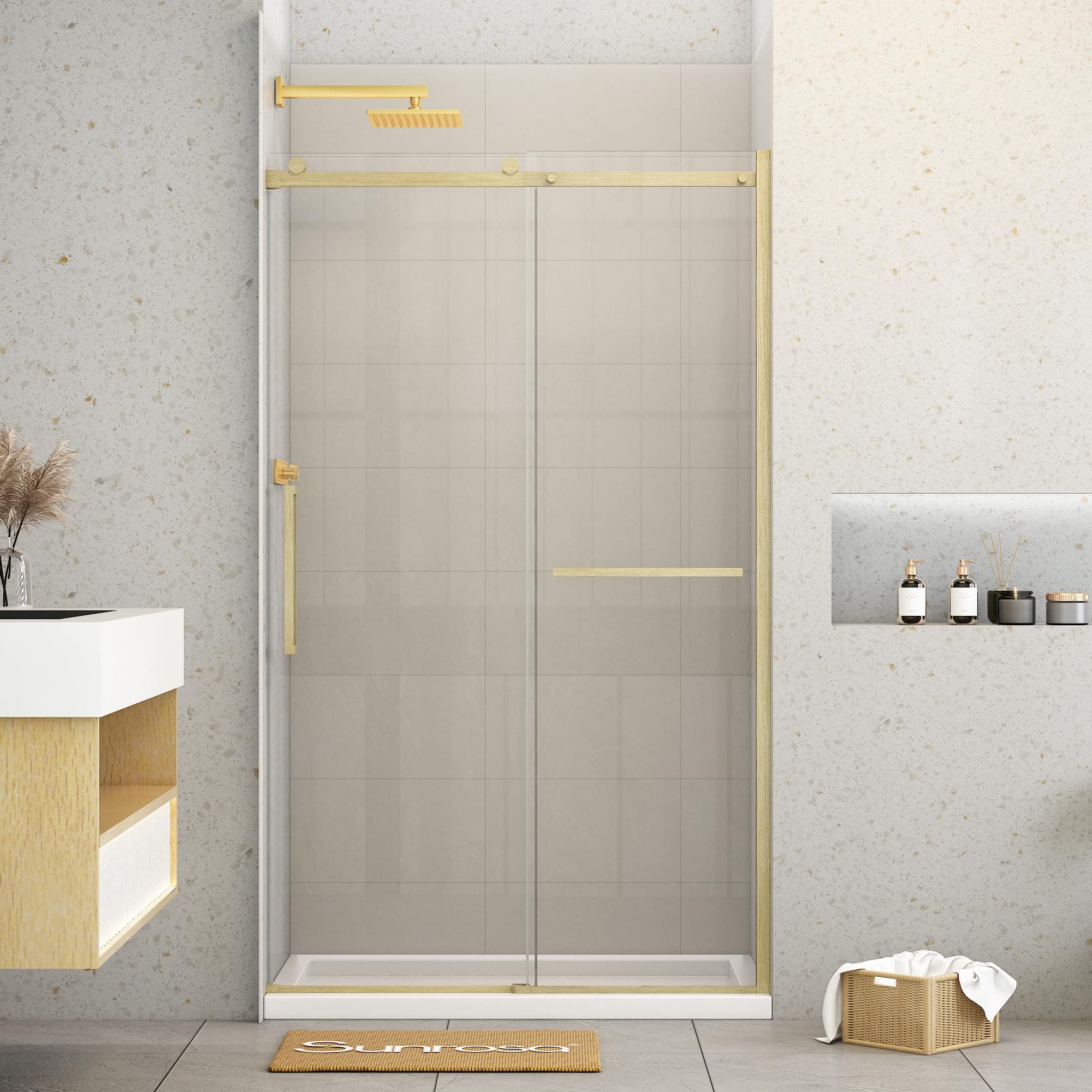 Sunrosa Shower Doors 48"×76", Single Sliding Shower Doors, Shower Door with Tempered Glass, Shower Glass Door in Brushed Gold