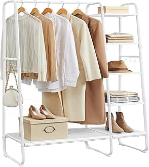 VASAGLE Clothes Rail, Clothes Rack with Shoe Shelf, 5-Tier Storage Rack, 6 Side Hooks, for Bedroom, Living Room, Cloud White and Matte White RGR116W02