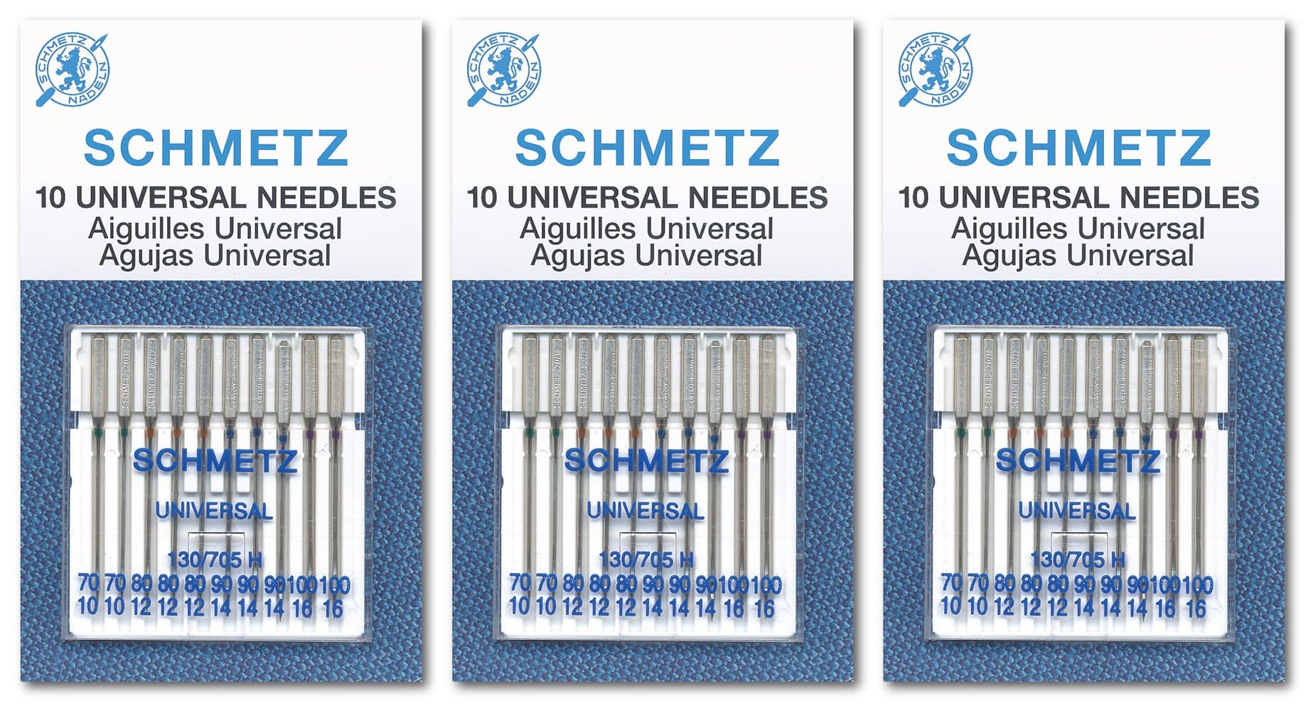 SCHMETZ Universal Sewing Machine Needles, Three 10-Pack Assortment, 30 Needles, 70/10, 80/12, 90/14, 100/16
