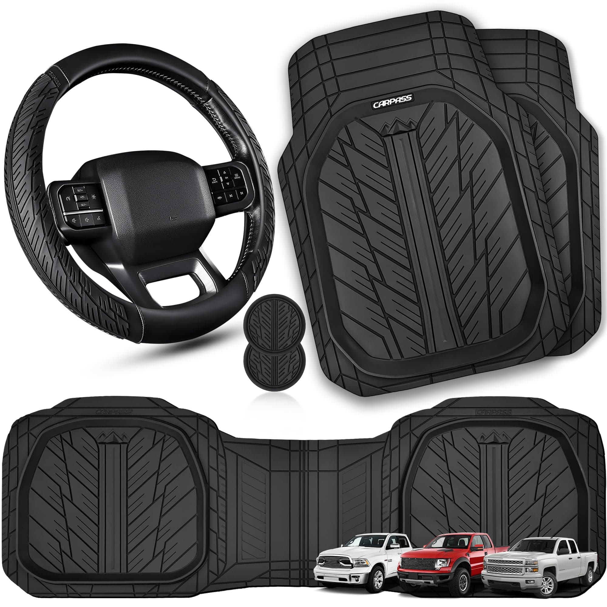 CAR PASS Rubber Leather Steering Wheel Cover Large-Size 15.5-16 Inches Fit for Truck SUV Large Car Ram F150 Tundra 4Runner Tacoma, XXL Heavy Duty Deep-Dish Car Floor Mats, Trim-to-Fit Car Mat Black
