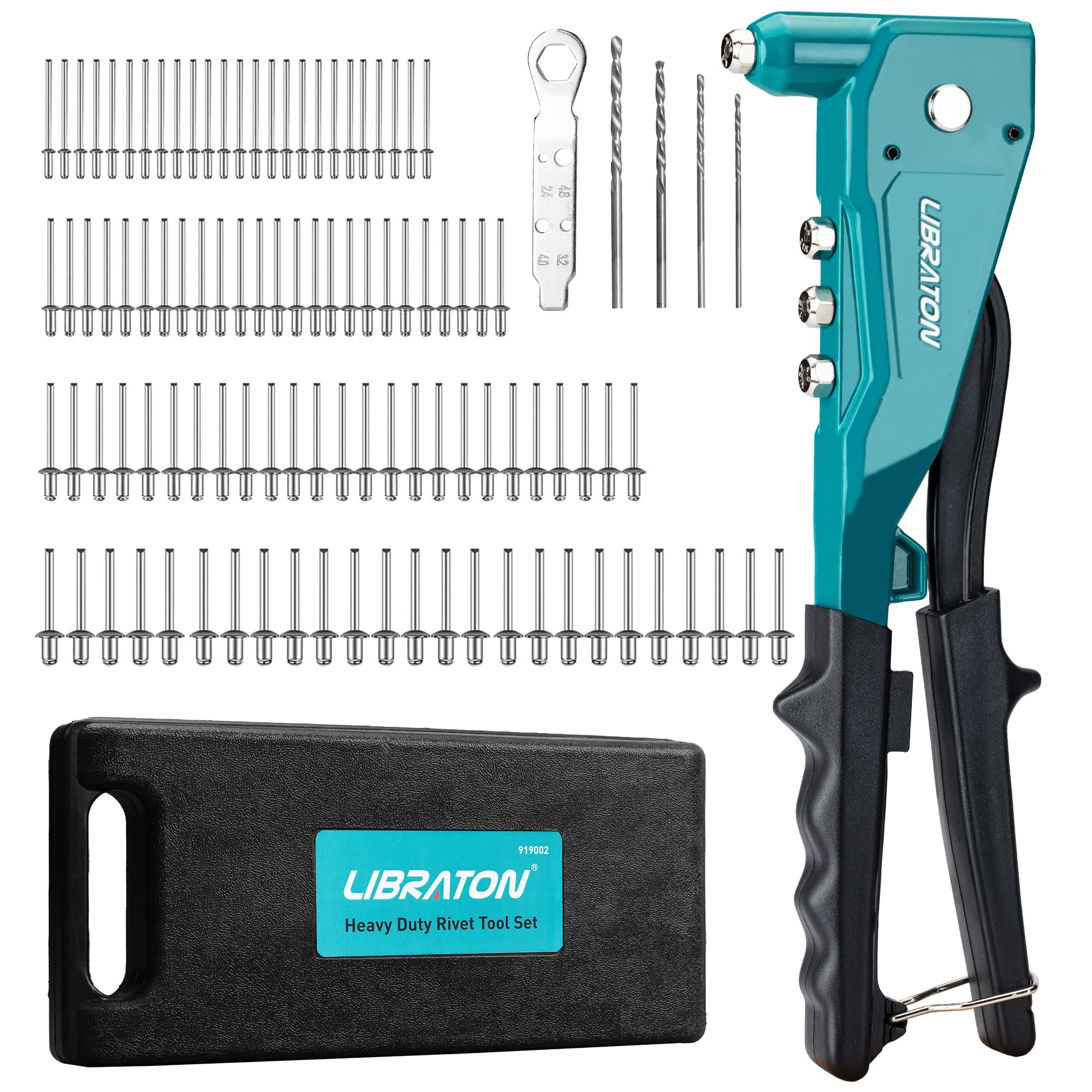 Heavy Duty Rivet Gun, Robust Professional Riveter, Pop Rivet Gun Set, Manual Riveting Tool with 100Pcs Rivets 4PCS HSS Drill Bits and 4PCS Interchangeable Heads, for Metal, Wooden and Plastic