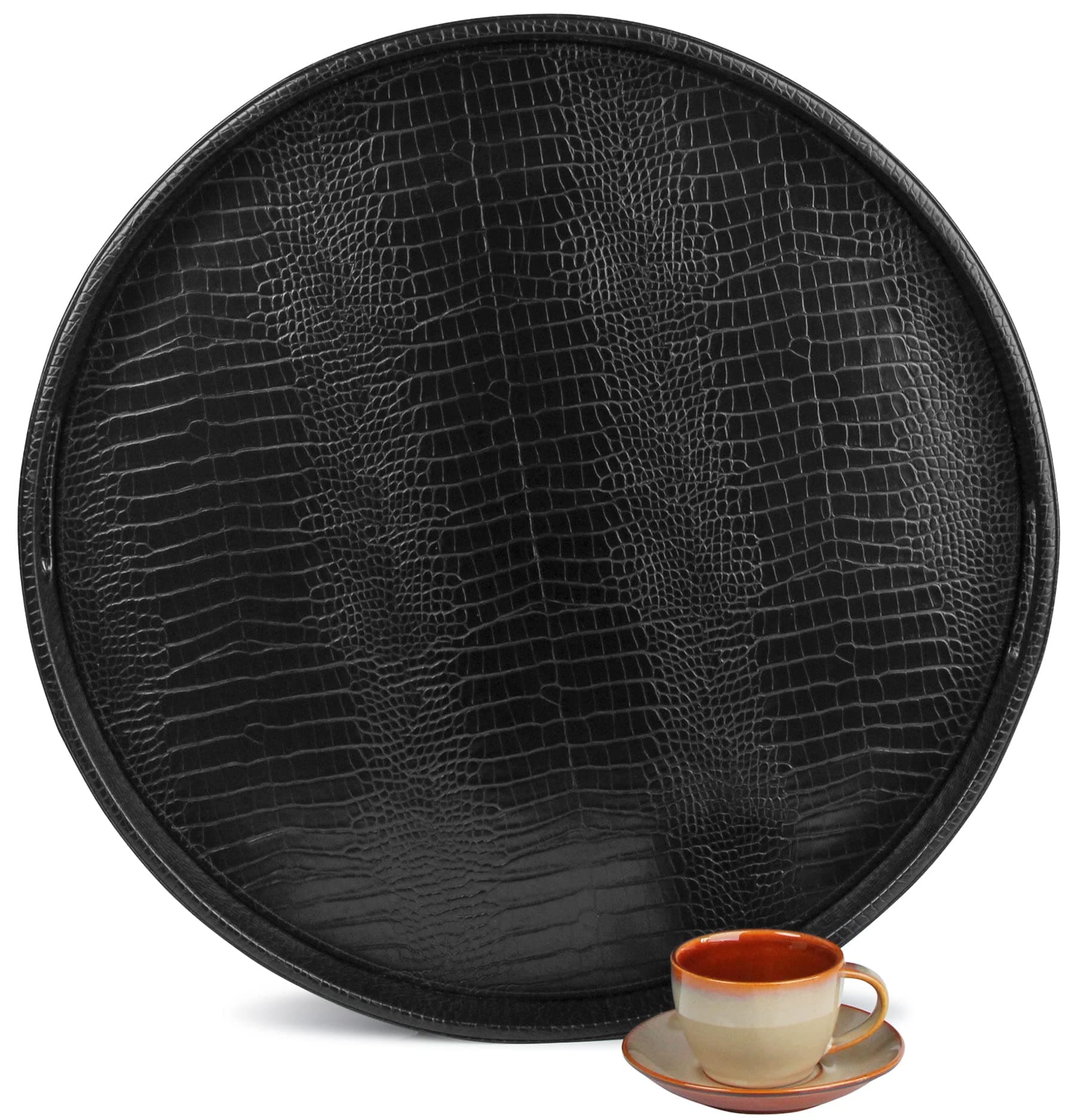 Extra Large Round Serving Tray, Elegant Faux Leather Circle Ottoman Table Tray with Handles, Serve Tea, Coffee or Breakfast in Bed, Diameter 23.6 x 2.4 inches Height (Black)