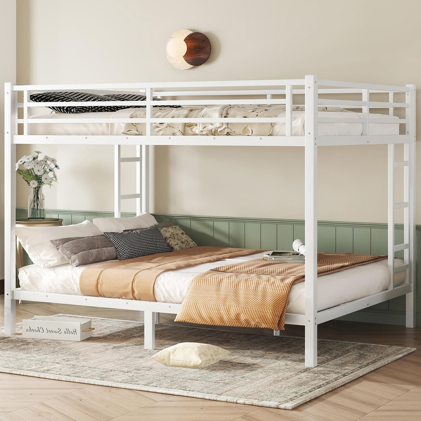 Queen Over Queen Bunk Bed,Heavy Duty Metal Bunk Bed Frame for Adults,2 Side Ladder,Guardrail,Space-Saving,Noise Reduced,No Box Spring Needed,Black (White, Queen Over Queen)