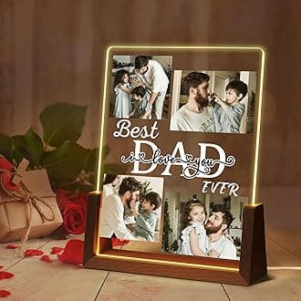 Ship Next Day Personalized Father's Day Gifts for Dad from Daughter Son Wife, Custom Acrylic Plaque Printed Walnut Light Up Picture Frame, Custom Fathers Day Birthday Christmas Best Dad Ever Gifts