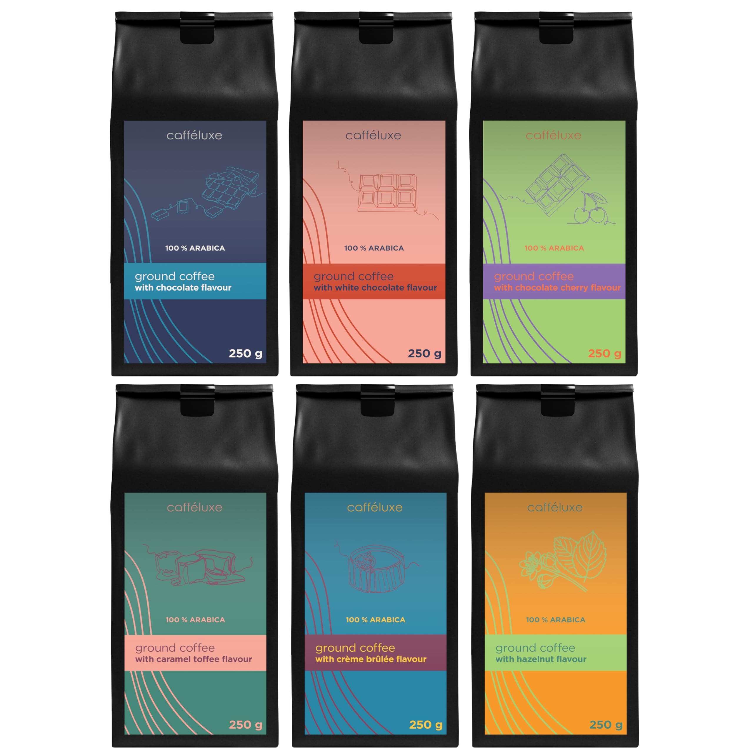 Caffeluxe Arabica Medium Roast Ground Coffee Beans Flavoured Ground Coffee - Taster Pack (6 x100g) - Chocolate, White Choco, Caramel, Cherry, Hazelnut, Creme Brule (100g Per Bag)