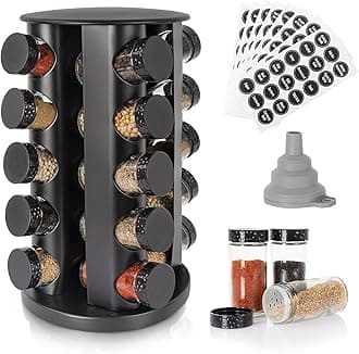 Black Countertop Rotating Spice Rack, Round Empty 20-Jars Revolving Spice Rack Organizer, 135 Spice Labels with Funnel Complete Set, for Kitchen Countertop, Cabinet