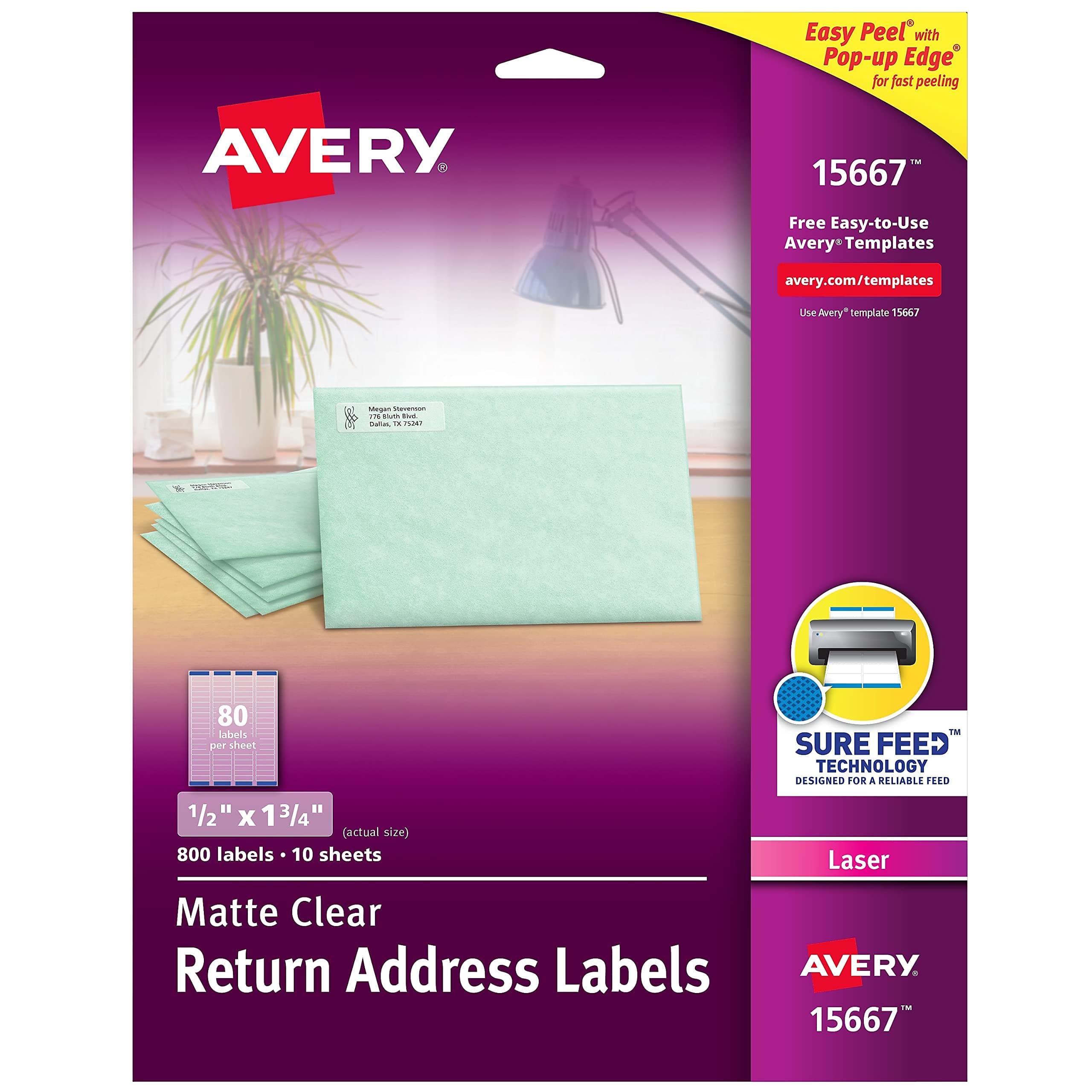 Avery15667 Matte Clear Easy Peel Return Address Labels, Laser, 1/2 x 1 3/4, 800/Pack