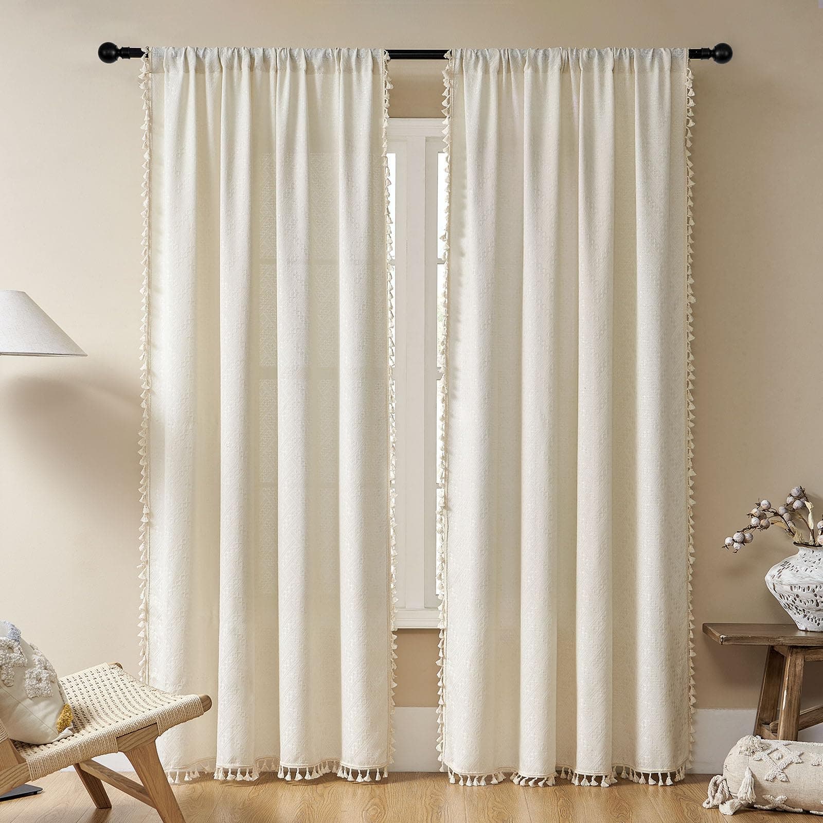 Joydeco Natural Linen Beige Boho Curtains - 84 Inch Length 2 Panels, Super Soft Bohemian Farmhouse Curtains with Tassels, Semi Sheer Light Filtering Drapes for Bedroom & Living Room