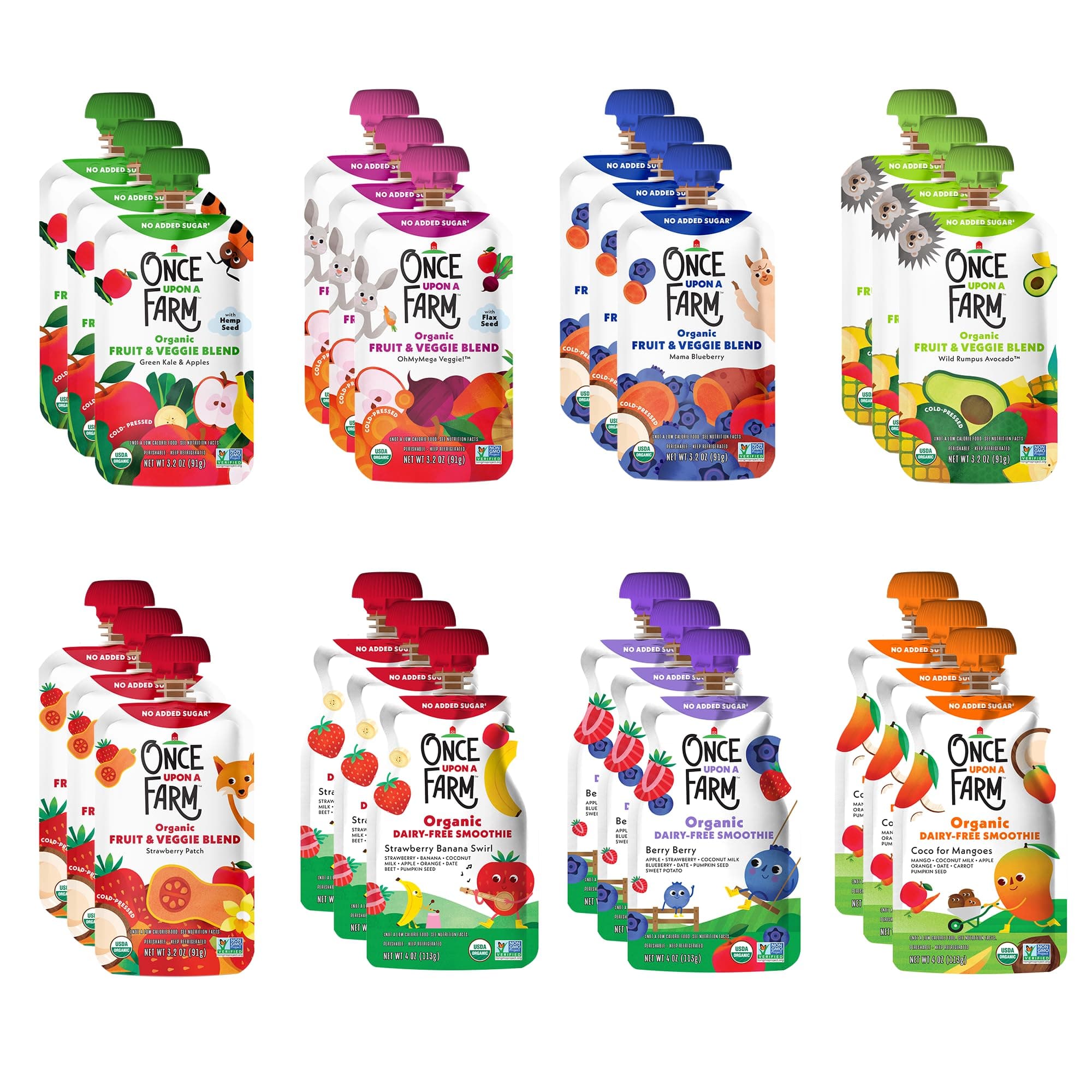Once Upon a Farm | Organic Farmer's Finest Sampler | Mango, Veggie, Strawberry, Blueberry, Avocado, Kale Apple, Strawberry Banana, Berry | Cold-Pressed | No Sugar Added | Dairy-Free Plant Based | Variety Pack of 24