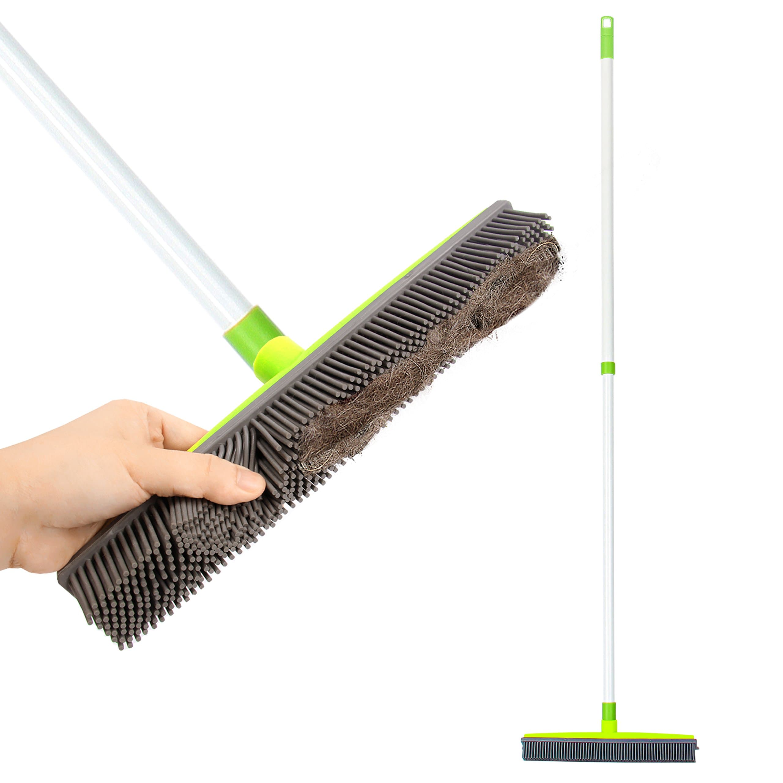 LandHope Push Broom Long Handle Rubber Bristles Sweeper Squeegee Edge 54 inches Non Scratch Bristle Broom for Pet Cat Dog Hair Carpet Hardwood Tile Windows Clean Water Resistant (White)