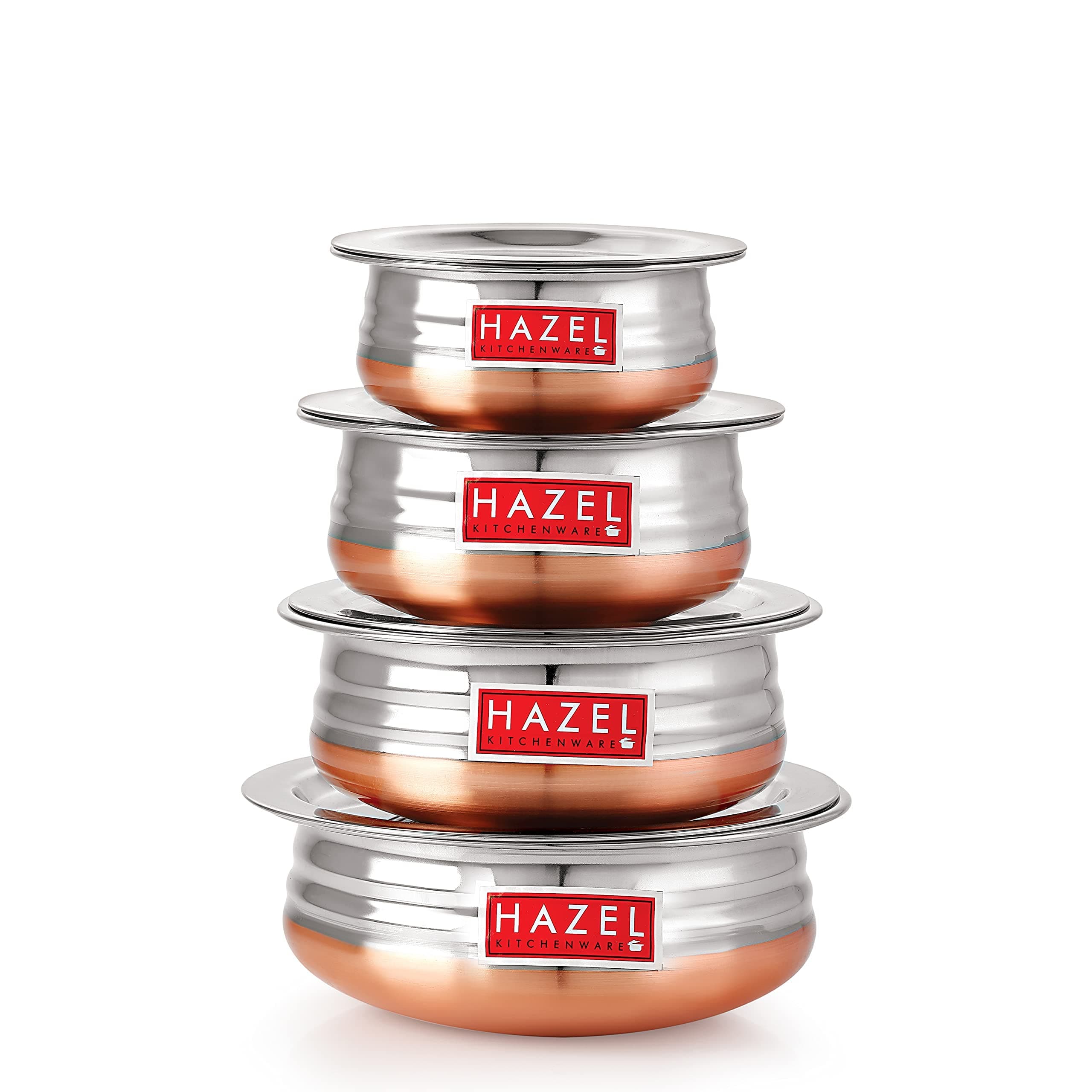 HAZEL Copper Bottom Urli Handi Set with Lid Cover| Stainless Steel Cookware Set | Serving Cooking Tope Bowl for Kitchen | Copper Bottom Vessels for Cooking, 4 Piece