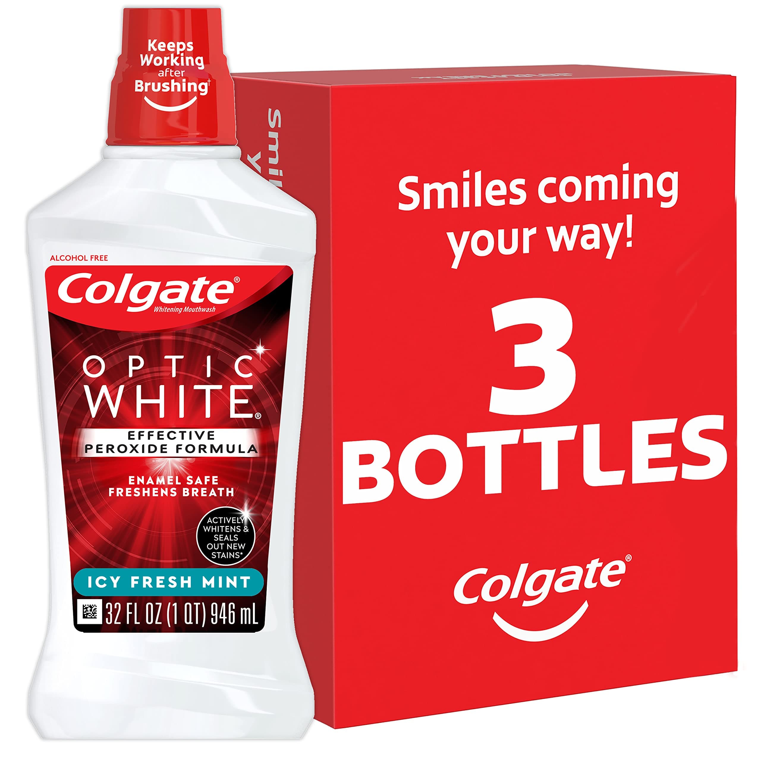 Colgate Optic White Advanced Teeth Whitening Mouthwash, 3 Pack, 2% Hydrogen Peroxide, Alcohol-Free and Enamel Safe, ICY Fresh Mint, 32 Oz