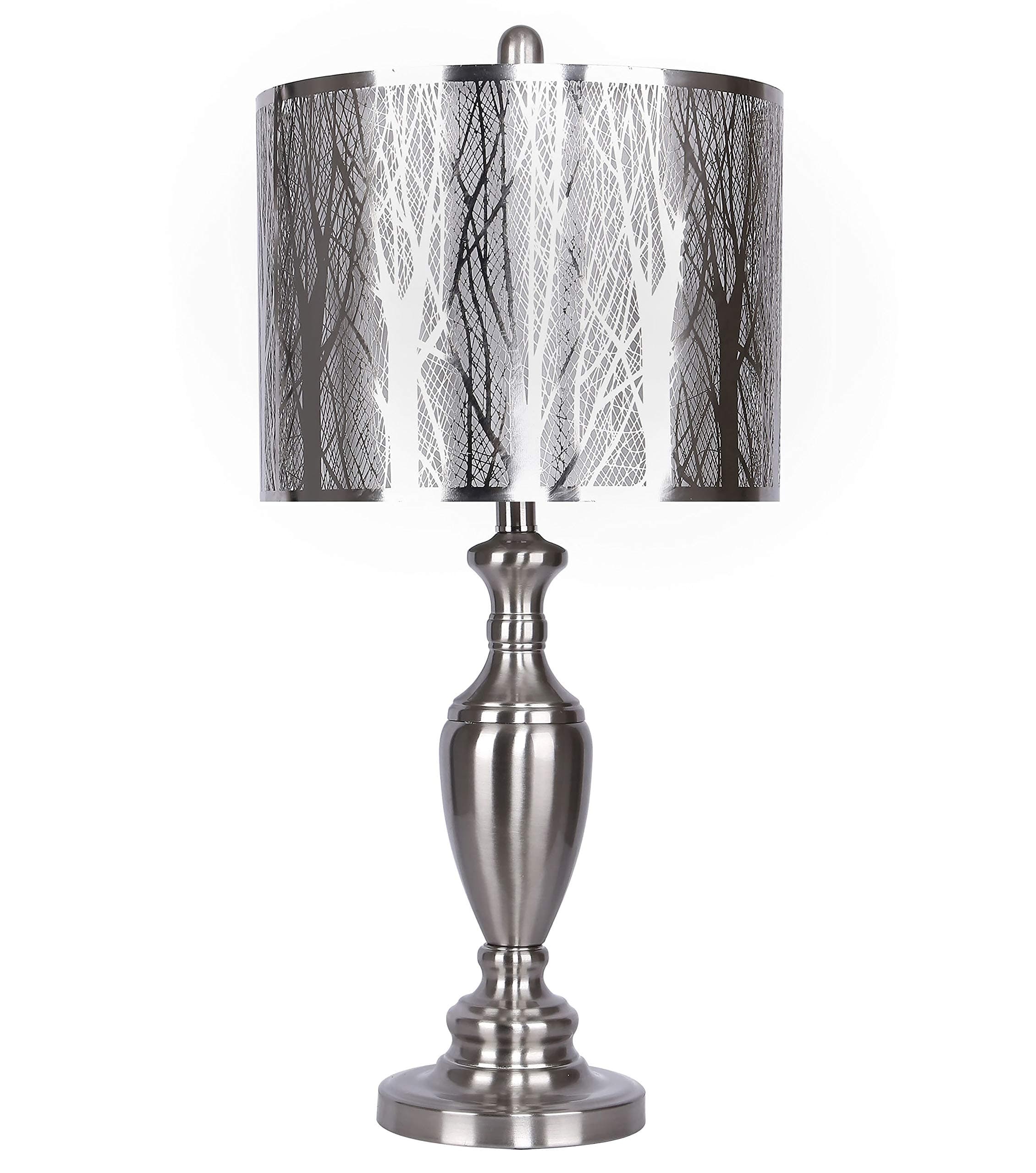 Grandview Gallery Table Lamp with Laser Cut Shade – Laser Cut Tree Scene with Sparkle White Lamp Shade and Brushed Nickel Body, 27.25” Table Lamp for Bedside, End Tables and More