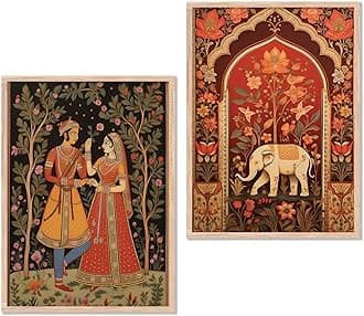 kotart Traditional Indian Wall Art Painting Set of 2 | Rajasthani Folk Couple & Elephant Floral Design | MDF Wooden Framed Wall Decor for Living Room, Bedroom & Home (Art 1, 10x13 inch)