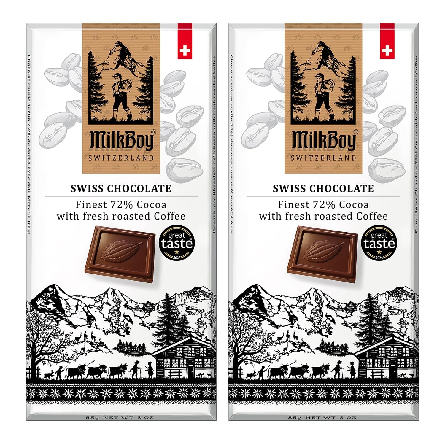 Dark Chocolates with Coffee - 72% Cocoa - Gourmet Dark Chocolate Bars - Made in Switzerland - Gluten Free - Sustainably Farmed - Non GMO - Vegan - 3 oz, Pack 2