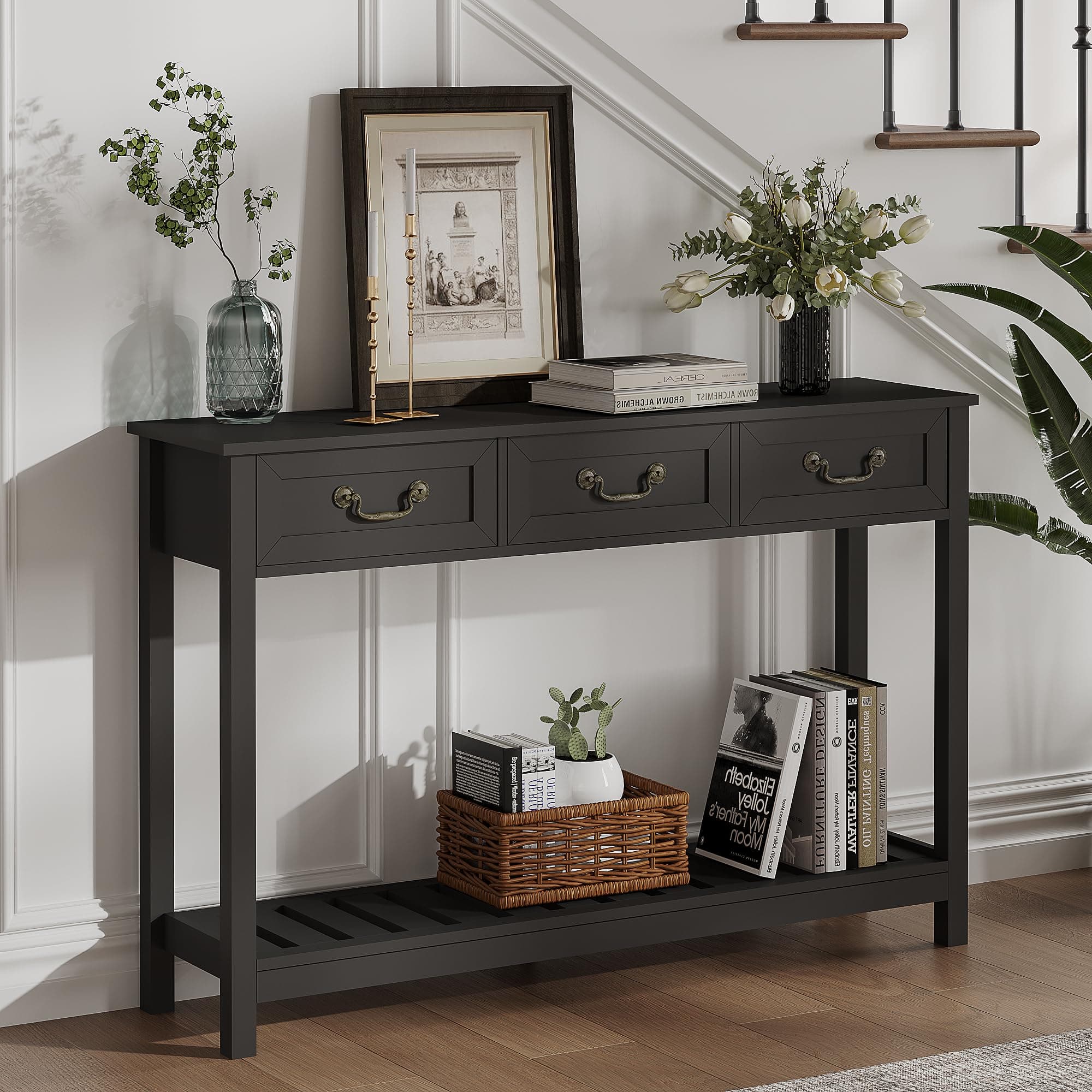 Console Table with 3 Drawers, Rustic Entryway Table, Narrow Long Sofa Table for Living Room, Hallway, Behind Couch, Black