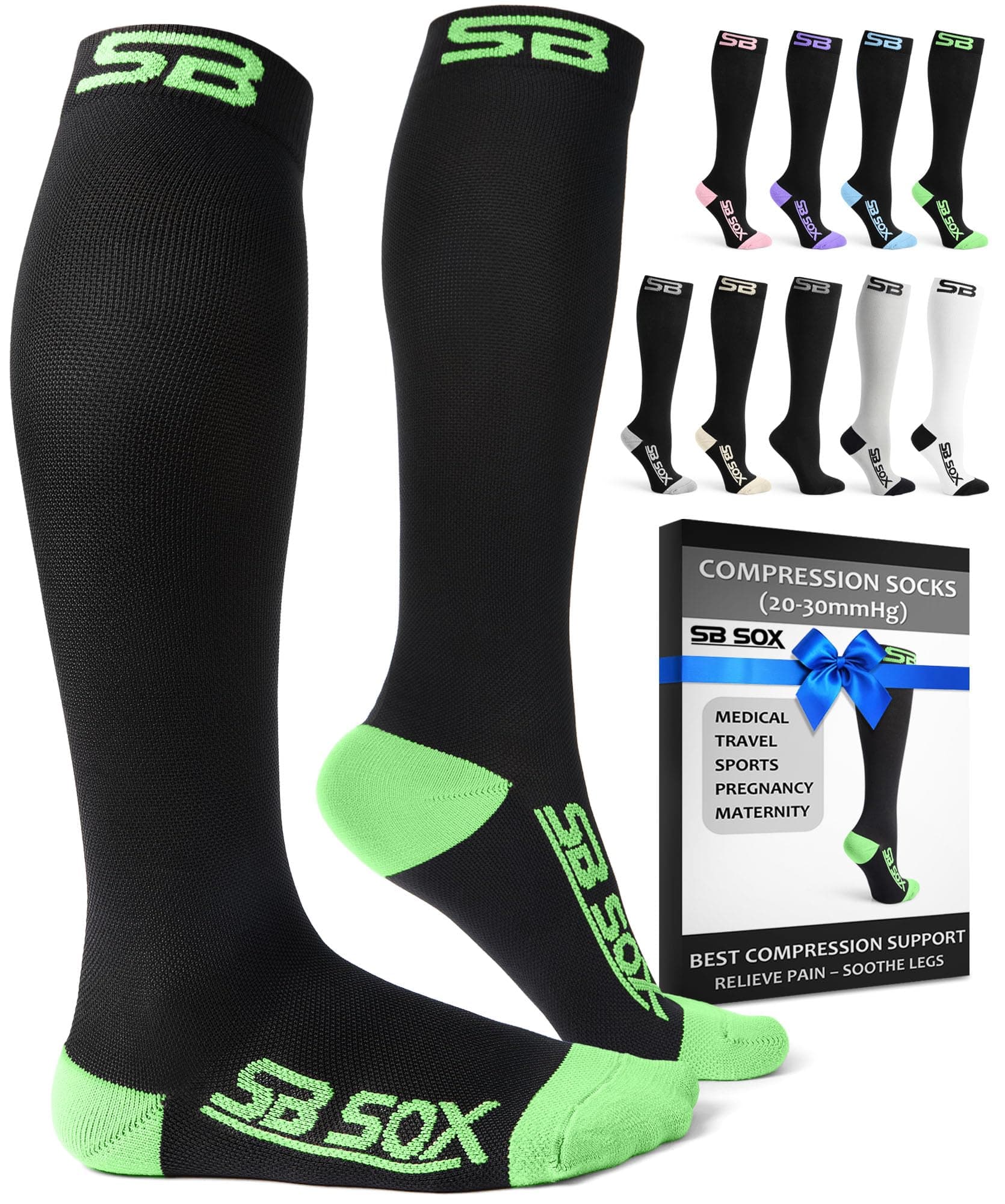Compression Socks (20-30mmHg) for Men & Women – Best Compression Socks for All Day Wear, Better Blood Flow, Swelling! (Medium, Black/Green)