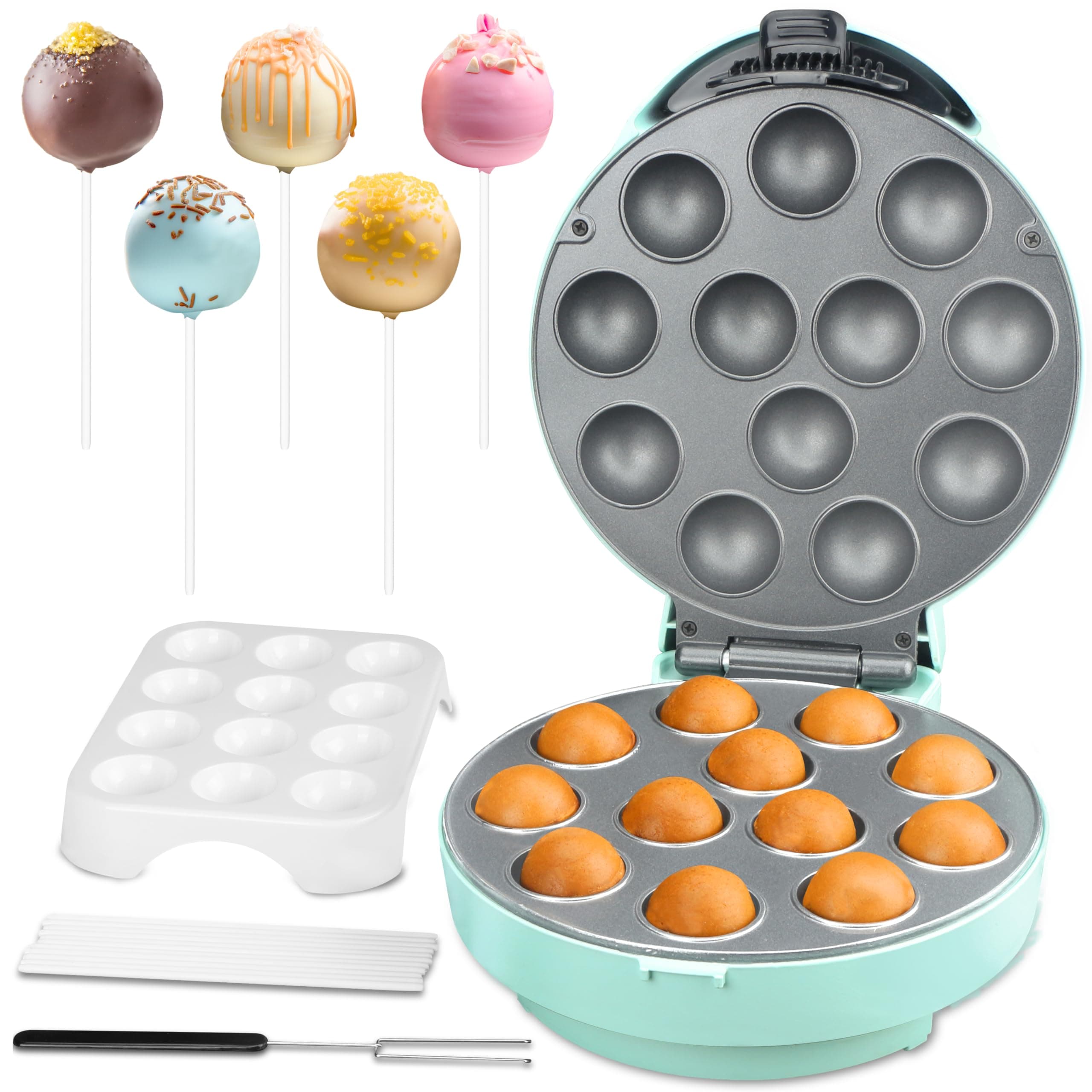 Cake Pop Maker Machine Set with Cake Pop Stand, Sticks & Fork Tool, 12 Cake Pops Capacity, Aquamarine
