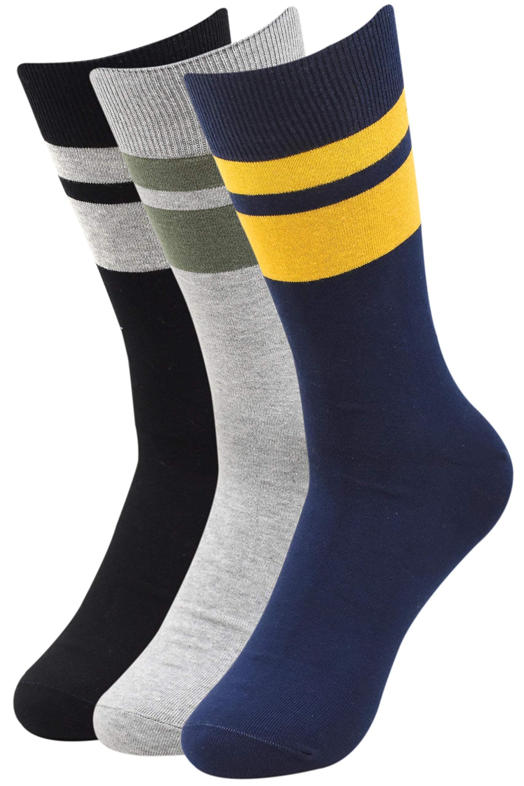 KANEEKSHIMen's Formal Cotton Crew Socks - Black, Blue & Light Grey (Pack of 3), Black, Blue & Light Grey, Free Size