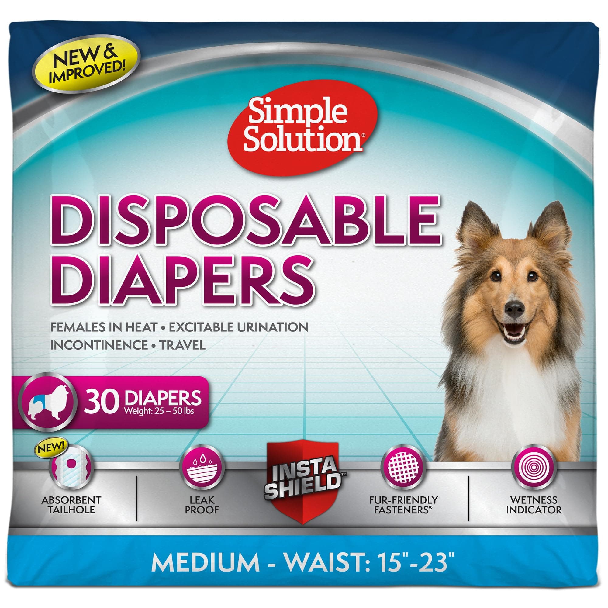 Simple Solution Disposable Dog Diapers for Female Dogs, True Fit, Absorbent, Leak Proof with Wetness Indicator, Puppy & Doggie Period Pad and Pee Diaper, For Medium Pets, 15-23 Inch Waist, 30 Count