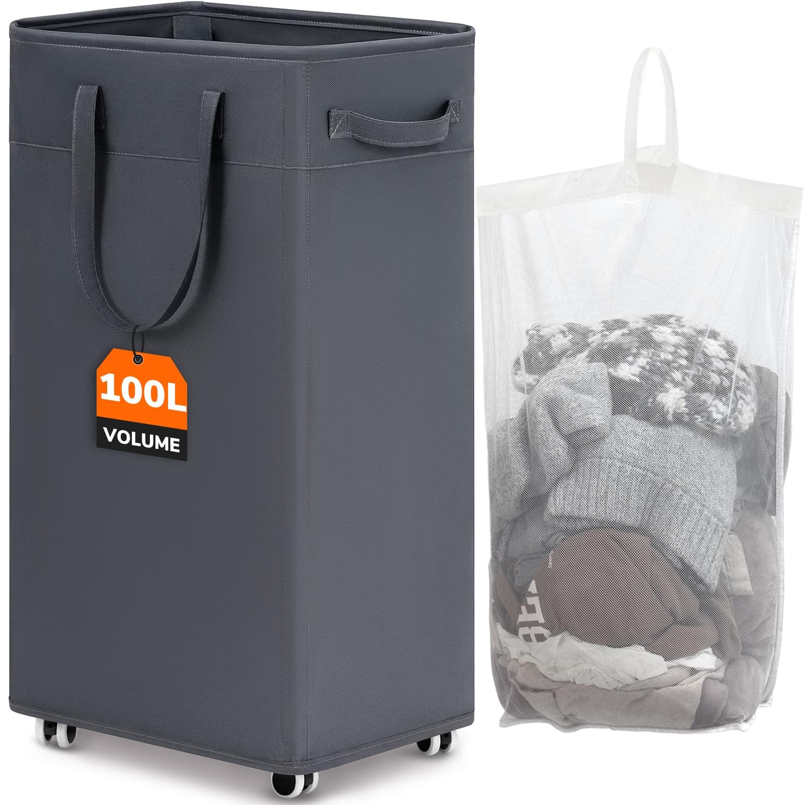 CHICVITA 100L Rolling Laundry Basket with Wheels, Large Collapsible Laundry Hamper with Removable Wash Bag Space for Corner Dorms, Grey