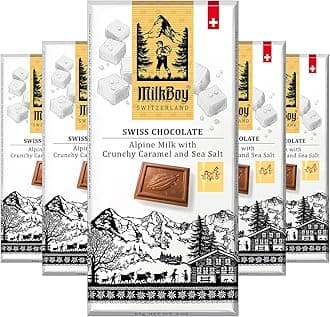 Milkboy Swiss Chocolates Milk Chocolates - Alpine Milk Chocolate Bars with Crunchy Caramel Sea Salt - Gluten-Free Non-GMO All Natural - Made in Switzerland - 3 oz, Pack 5