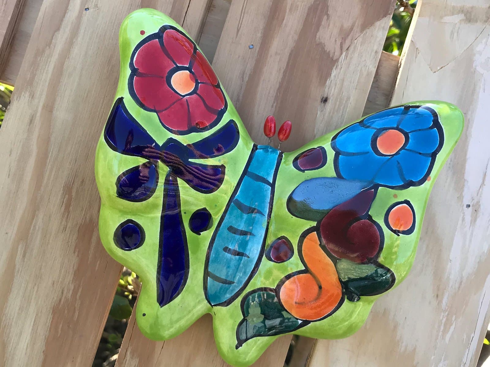 Authentic Puebla Talavera Ceramic Small Butterfly 6" Pottery Mexico Hand Painted Hanging Wall Art Decor! Lifelike Shape [Lime Green]