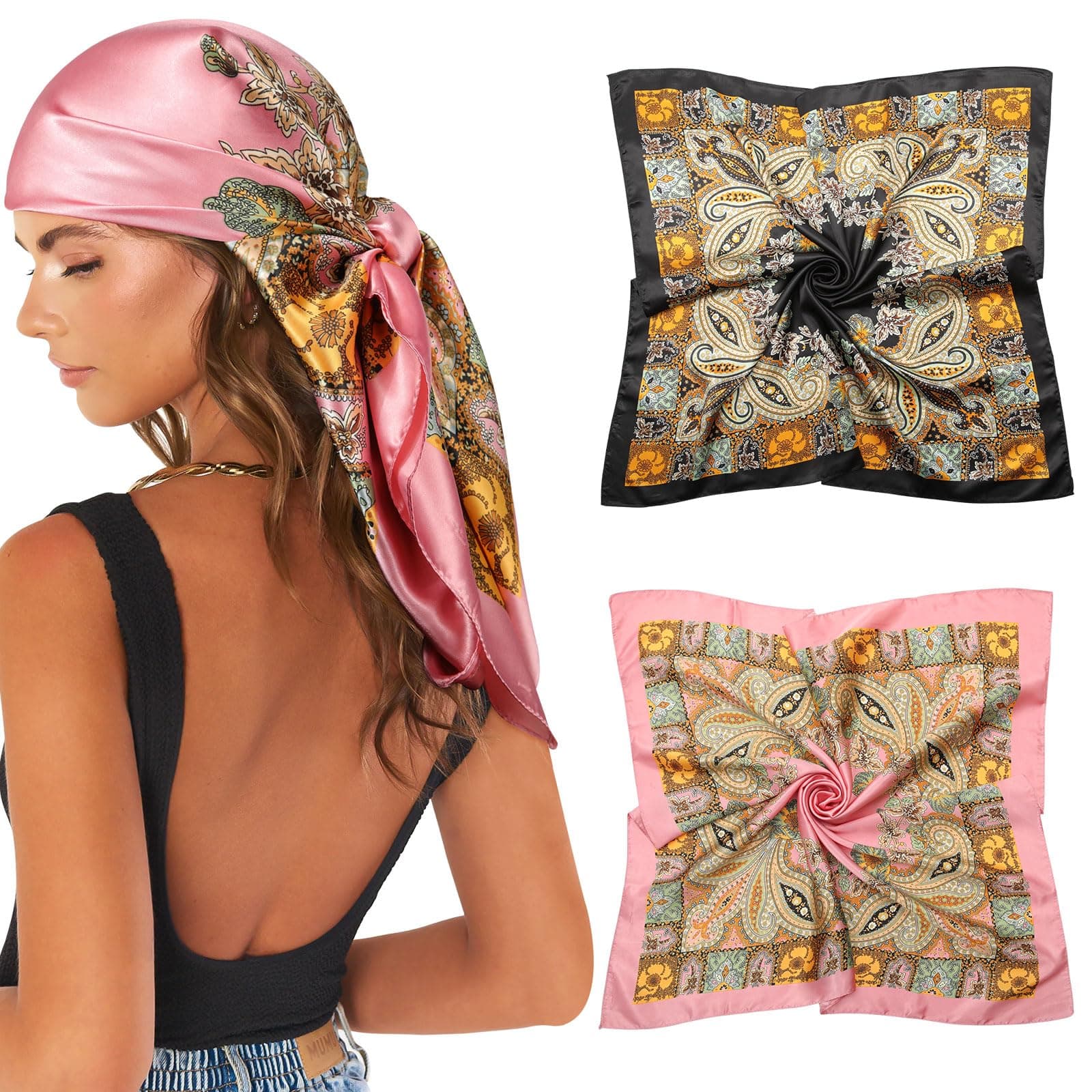AWAYTR 35” Large Satin Square Head Scarf - 2Pcs Silk Like Floral Head Scarves Square Satin Hair Scarf Bandanas for Women