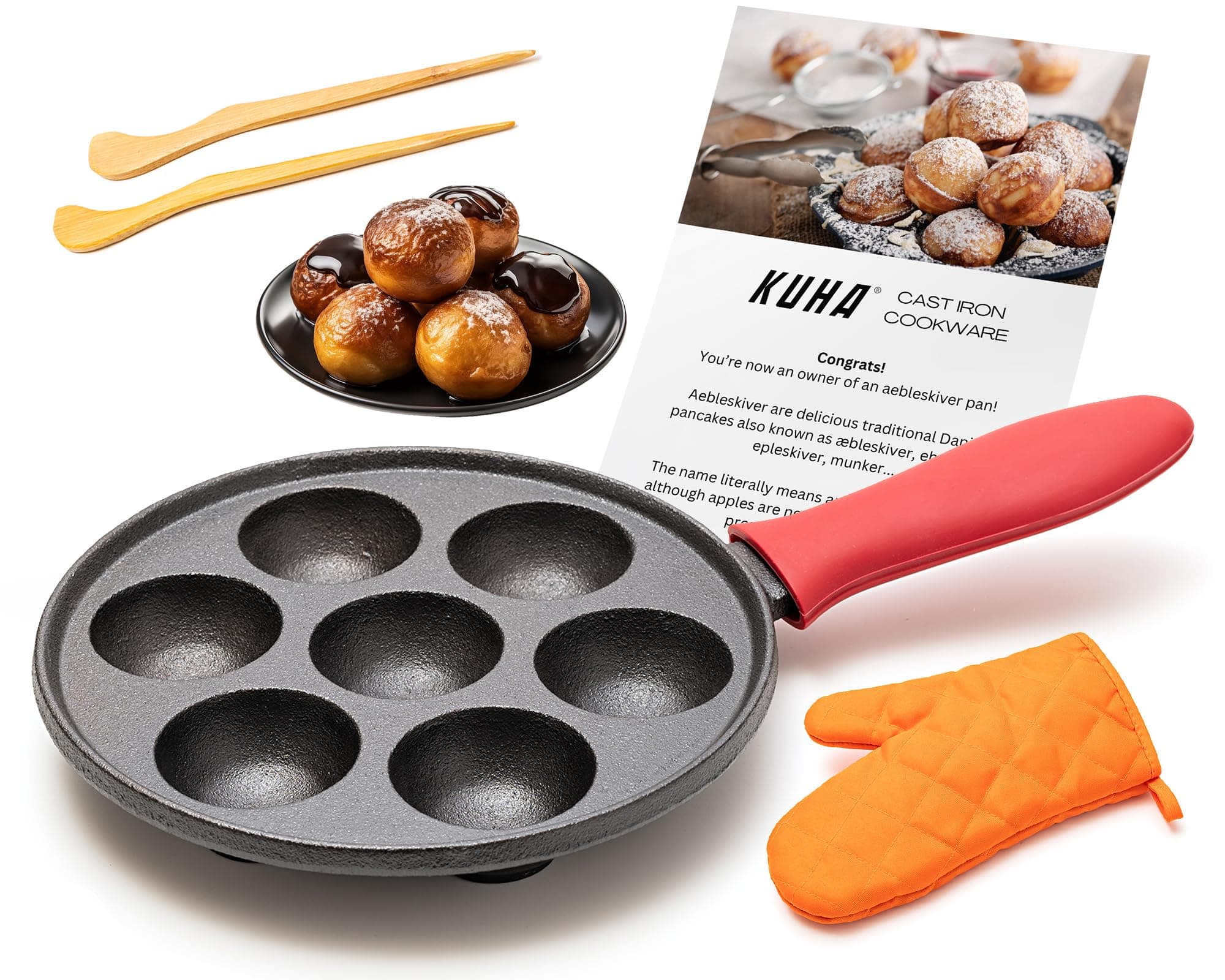 KUHA Cast Iron Aebleskiver Pan | Pre-Seasoned Pan for Authentic Danish Pancake Making, Poffertjes, Takoyaki, Appam & Paniyaram | Silicone Handle, Oven Mitt & Bamboo Skewers Included | 7.9" Diameter